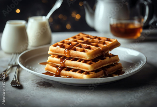 'stacked belgian waffles Breakfast Food Easter Bakery Plate Dessert Cuisine Snack Lunch Baked Calories Sweet Powdered sugar Daffodils Waffle iron Crispy DeliciousBreakfast Food Easter Bakery Plate' photo