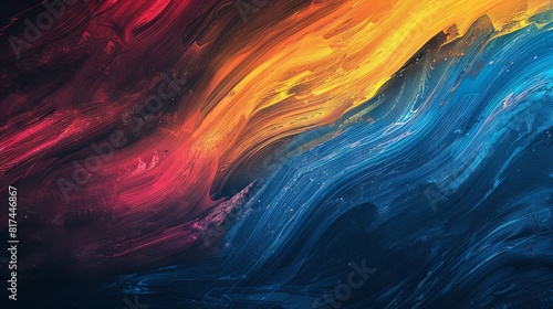 A vivid abstract art piece featuring a wave of colors with red, yellow, and blue dominating the canvas