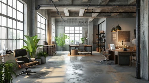 Office interior in loft, industrial style, 3d render © kashif 2158