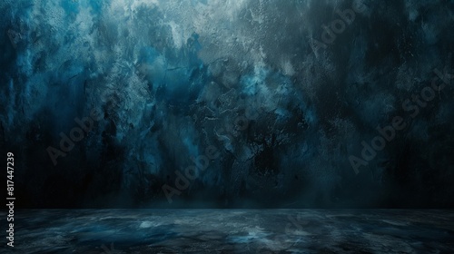 Studio room, Floor and wall background, Dark black and blue grungy background for display or montage of product.