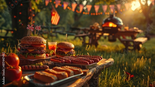 hot dogs and burgers on table with blurred background of summer outdoor barbecue, happy July 4th with American flags