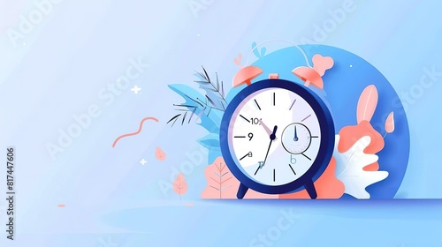 A beautiful illustration of a blue and pink alarm clock with a wreath of flowers and leaves. The clock is set for 7:00 AM.