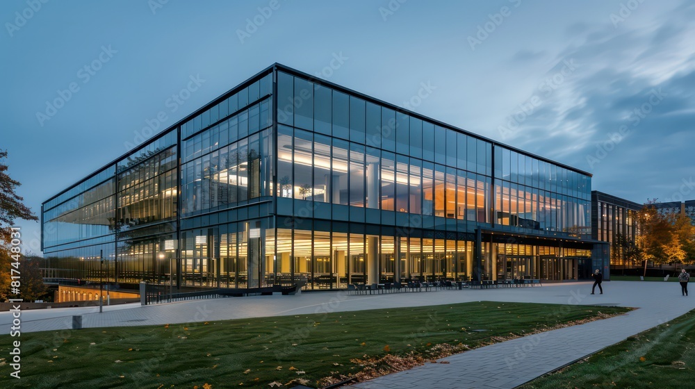 university building background, modern, realistic and with lights glowing in the interior
