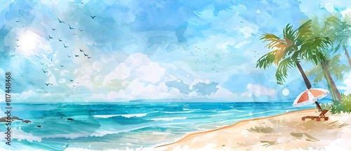 Summer holiday at the beach on watercolor painting style