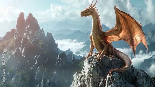 A majestic dragon perched on a mountaintop, wings spread wide. photo