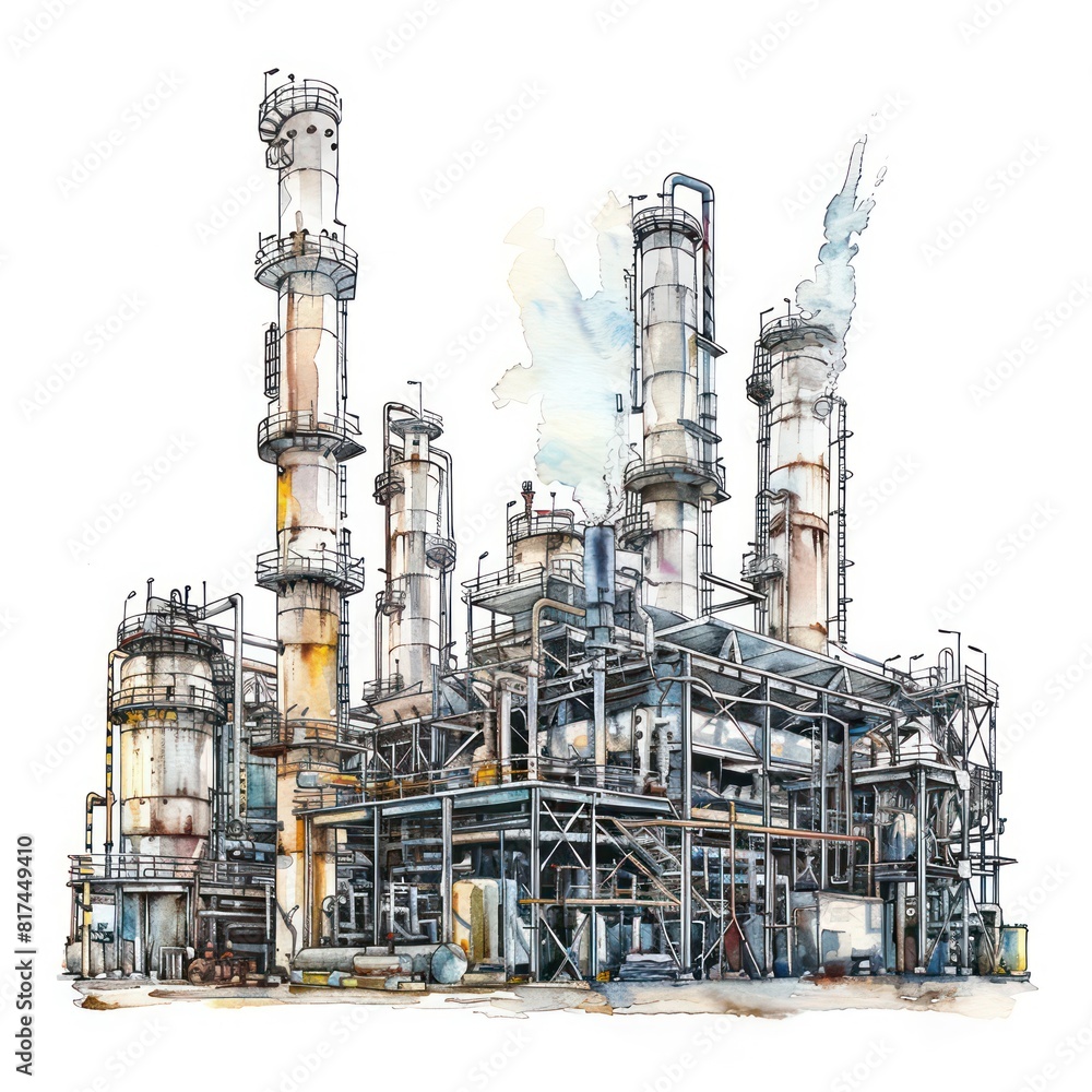 industrial chemical plant illustration, watercolored with black outline drawing on a white background
