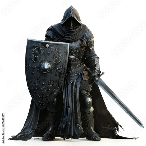 dark mysterious knight with a sword and shield, realistic isolated on a white background 