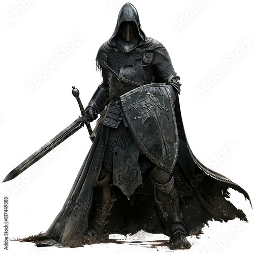 dark mysterious knight with a sword and shield, realistic isolated on a white background 