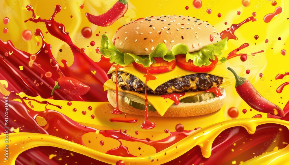 hamburger backdrop with vibrant colors e nice dynamism, the background features vivid colors, hot sauce splashes and red chili 
