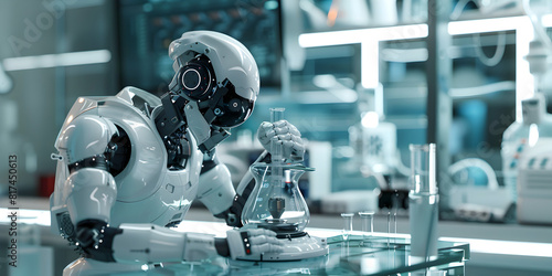 A robotic assistant aiding a scientist in a high-tech laboratory, advancing research and discovery.  photo