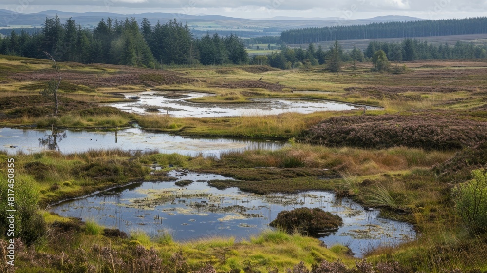 A patchwork landscape dotted with pockets of peat evidence of a hard days work. A patchwork landscape dotted with pockets of peat evidence of a hard days work.