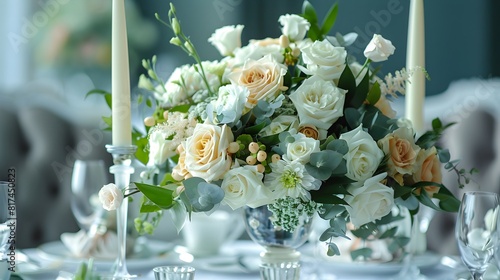 a table setting centerpiece with an arrangement of white and pale peach flowers mixed with green foliage and small filler flowers gainst a blurred background photo