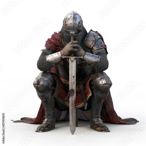 illustration of a medieval knight kneeling in prayer with a sword, realistic on a white background 