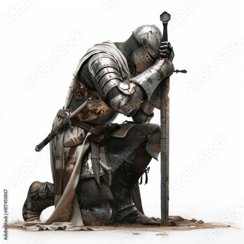 illustration of a medieval knight kneeling in prayer with a sword, realistic on a white background 
 photo