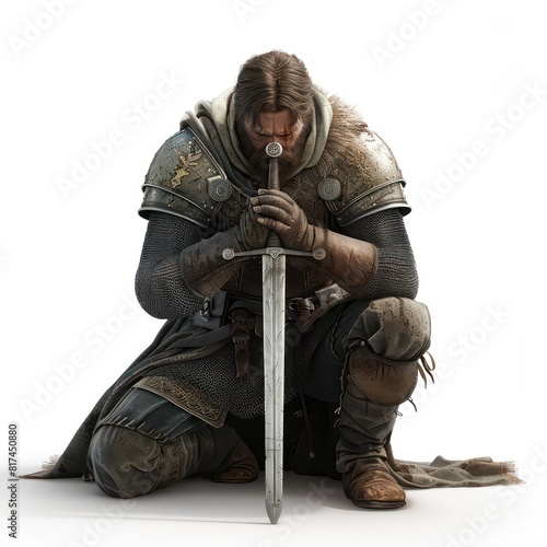 illustration of a medieval knight kneeling in prayer with a sword, realistic on a white background 