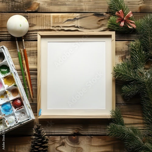 square light photo frame on a brown wooden surface, Christmas elements and watercolor materials 