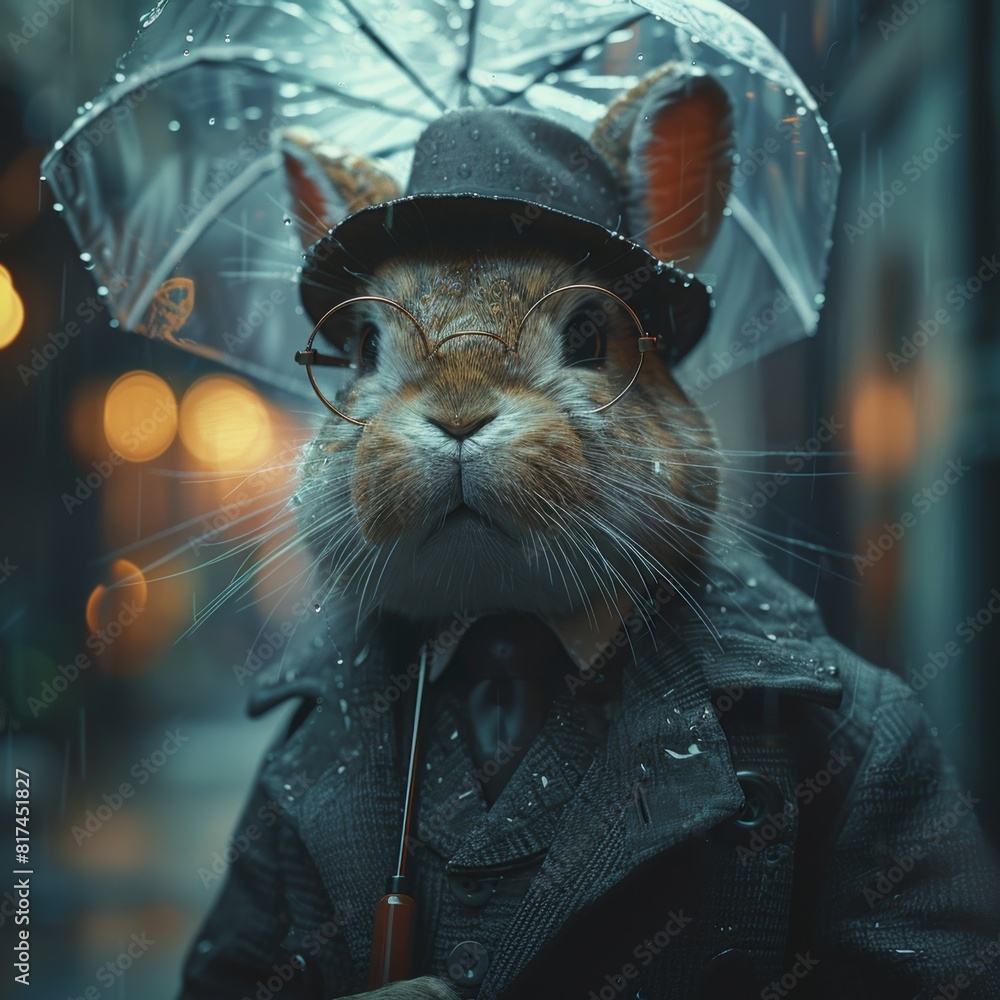A realistic rabbit, wearing a handsome black suit jacket, a hacker ...