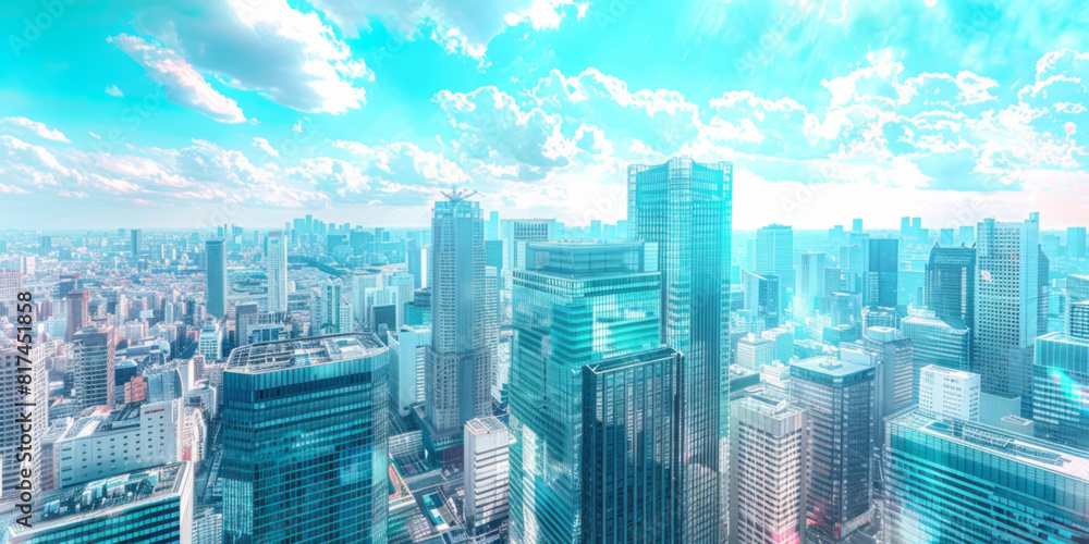 Many skyscrapers in the city with blue skies in the background are portrayed in a style that merges panorama, light turquoise and white tones, colorful cityscapes, and panoramic scale.