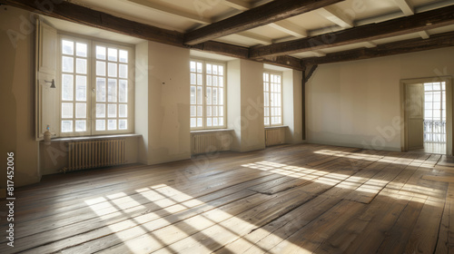 An empty room with hardwood flooring and wood beams in a style that includes historical reproductions  and minimalist starkness.