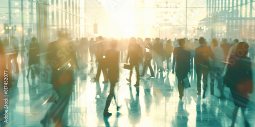 Sunlight shines on business people walking next to a desk, their movement captured in a style that emphasizes balanced asymmetry, multicultural influences, and gestural markings. photo