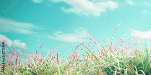 Grass against a blue sky in a style that merges nature and man-made elements, with a focus on environmental awareness and a pink and green color scheme.