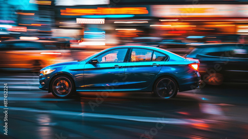 A blue car driving near traffic at sunset is portrayed in a style that merges precisionist style  strong facial expression  and polished craftsmanship.
