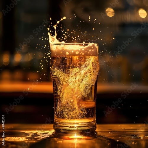beer on a glass with nice refreshing colors with a contrasting dark background, realistic and professional