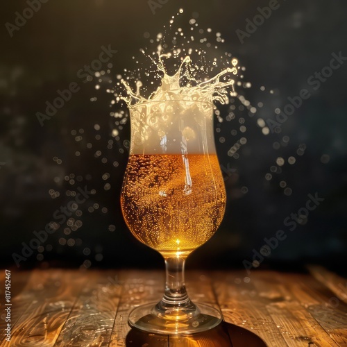 beer on a glass with nice refreshing colors with a contrasting dark background, realistic and professional
