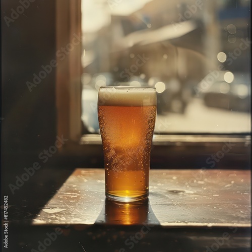 beer on a glass with nice refreshing colors with a contrasting dark background, realistic and professional 