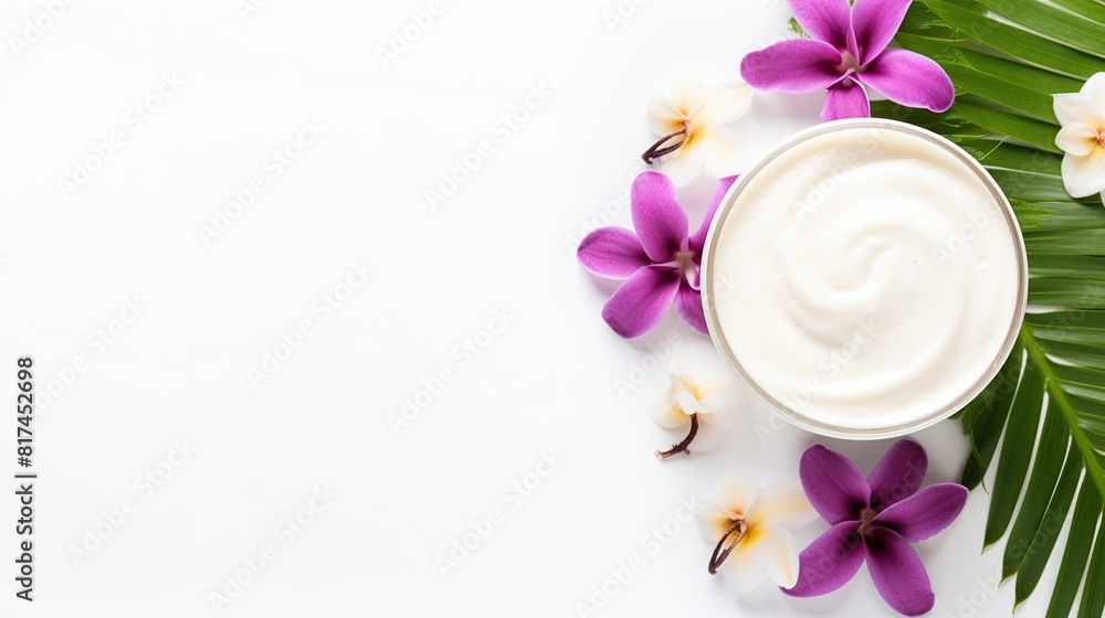 Drink coconut milk in glass with flower, organic protein cocktail selective focus on white background Drink coconut milk in glass with flower, organic protein cocktail selective focus on white background