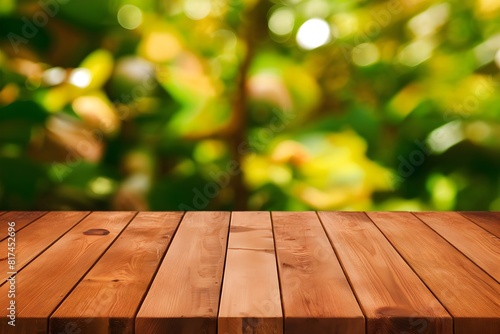 empty wooden table top with a blurred background of a lush green garden - Perfect for Outdoor, Nature, and Garden Designs and for Product Display Table