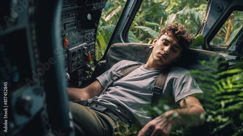 Young man, pilot seat, cockpit, private airplane, unconscious, dead, plane crash, survivor, jungle, drama, adventure, disaster, emergency, crash landing, flight photo