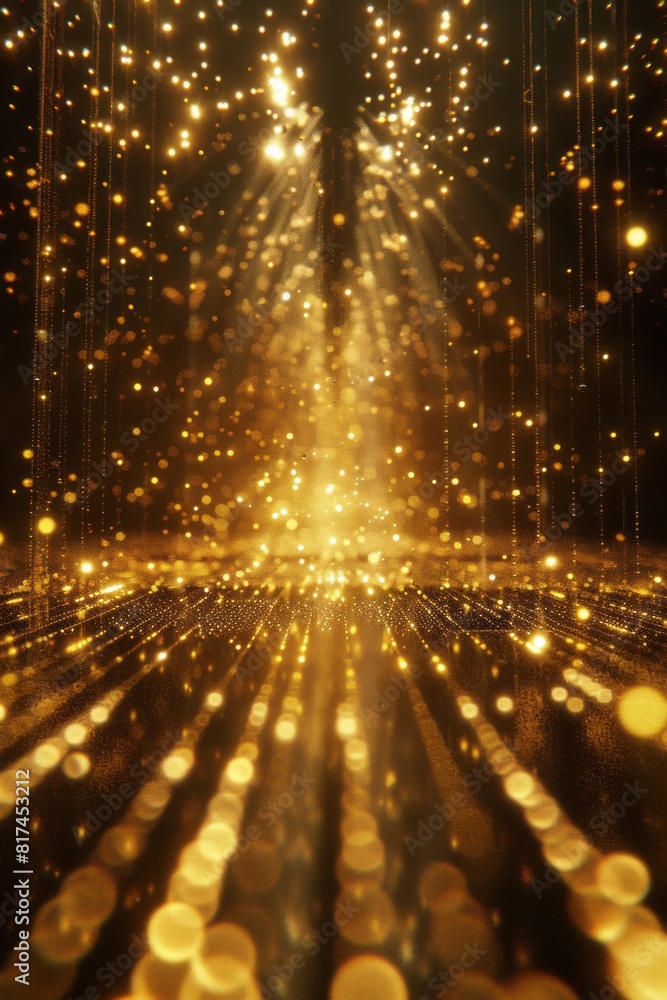 A brightly lit floor with golden lights is portrayed in a style that includes art deco glamour, long distance and deep distance, symmetrical balance, and piles/stacks.