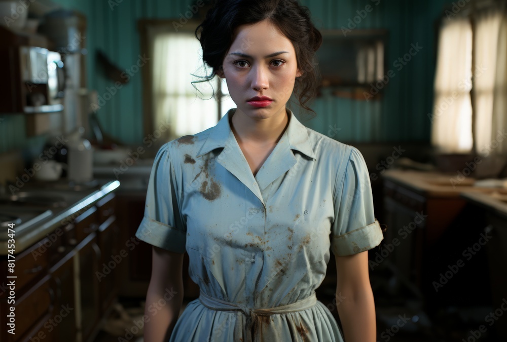 Portrait of a young woman in a cluttered kitchen Portrait of a young woman in a cluttered kitchen