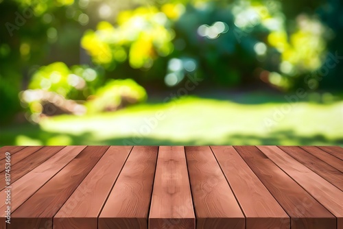 empty wooden table top with a blurred background of a lush green garden - Perfect for Outdoor, Nature, and Garden Designs and for Product Display Table