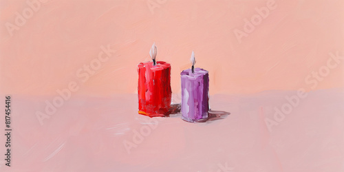 two candles on a pink background with copy spacce, bright atmosphere photo