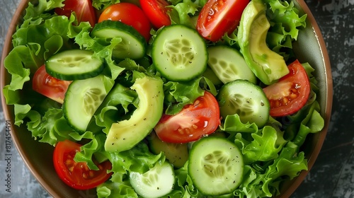 A bowl filled with a nutritious and delicious salad made with crisp greens, ripe tomatoes, crunchy cucumbers, and creamy avocado slices. Close-up view highlighting the freshness and healthiness 