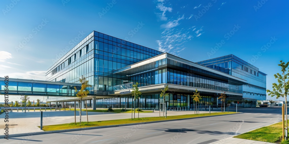 hospital building exterior view, modern and high-end on a sunny day with blue sky