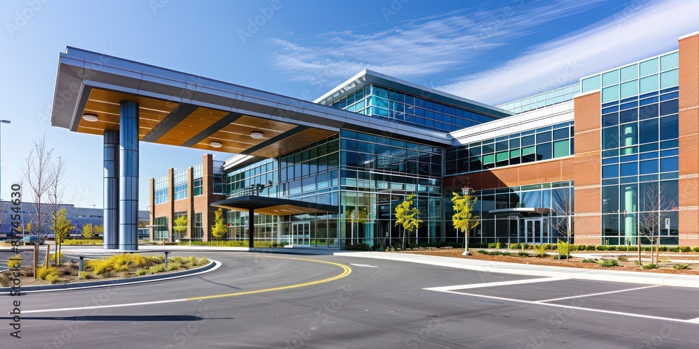 hospital building exterior view, modern and high-end on a sunny day with blue sky