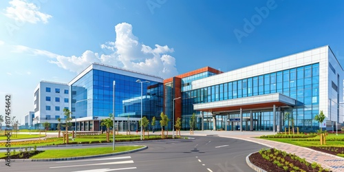 hospital building exterior view, modern and high-end on a sunny day with blue sky