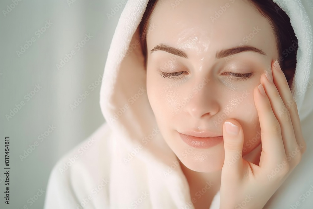 young woman in bathrobe applying moisturizing cream on face young woman in bathrobe applying moisturizing cream on face