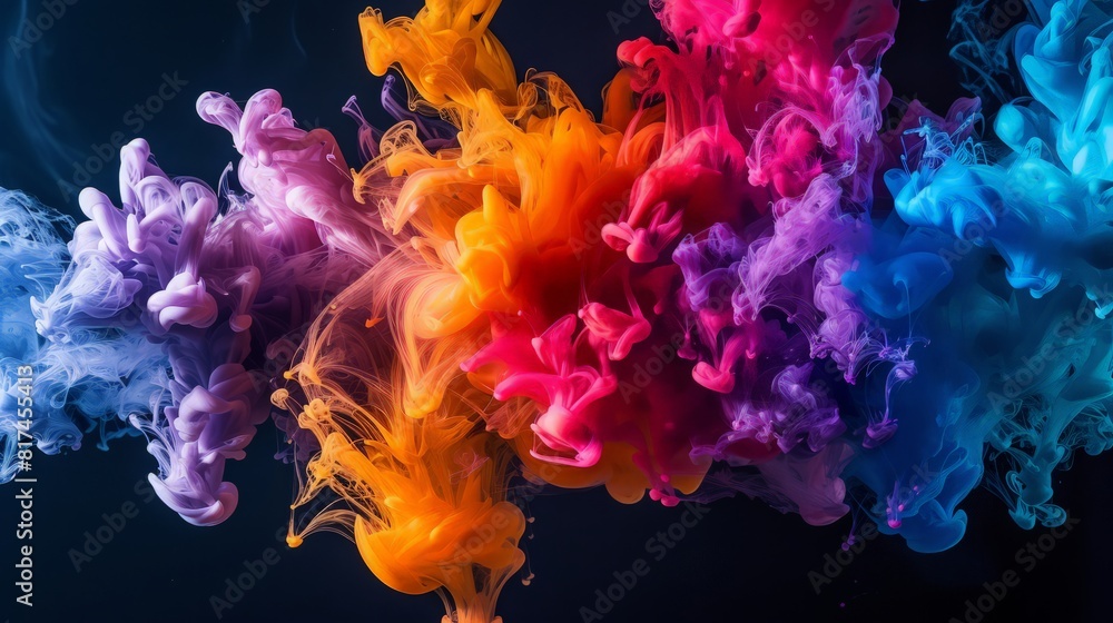 Mix of coloured inks in water on black background. Abstract colored background