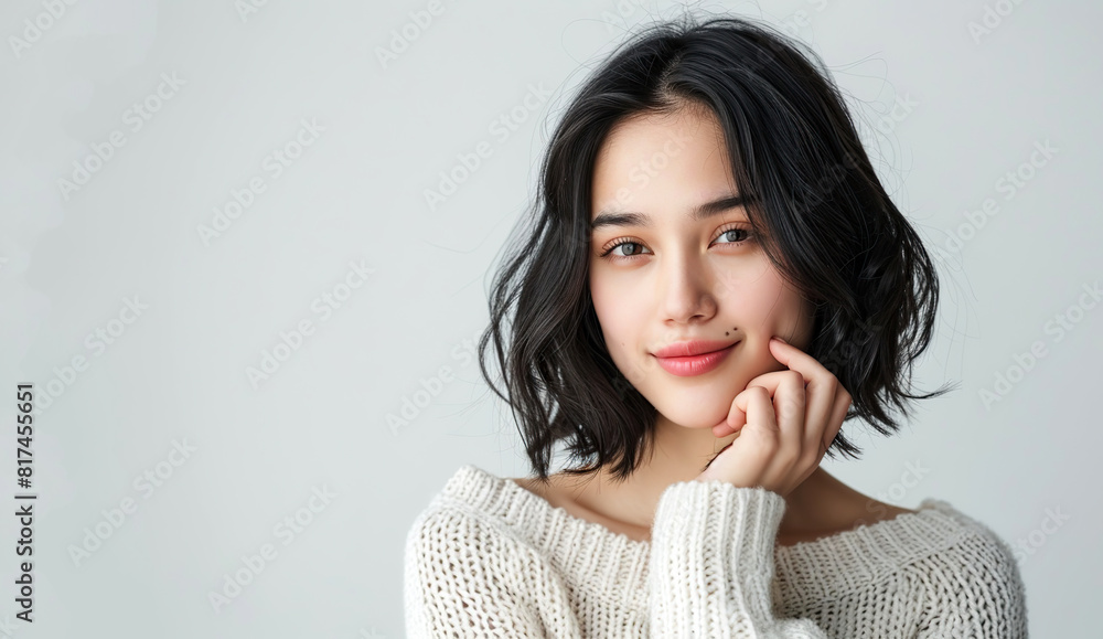 Portrait of a beautiful young woman in a white sweater, black short hair, skin care beauty, skincare cosmetics, copy space Portrait of a beautiful young woman in a white sweater, black short hair, skin care beauty, skincare cosmetics, copy space