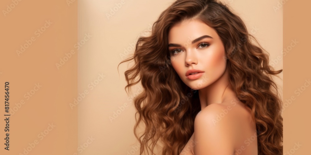 Young woman with curly brown hairs on light brown background Young woman with curly brown hairs on light brown background