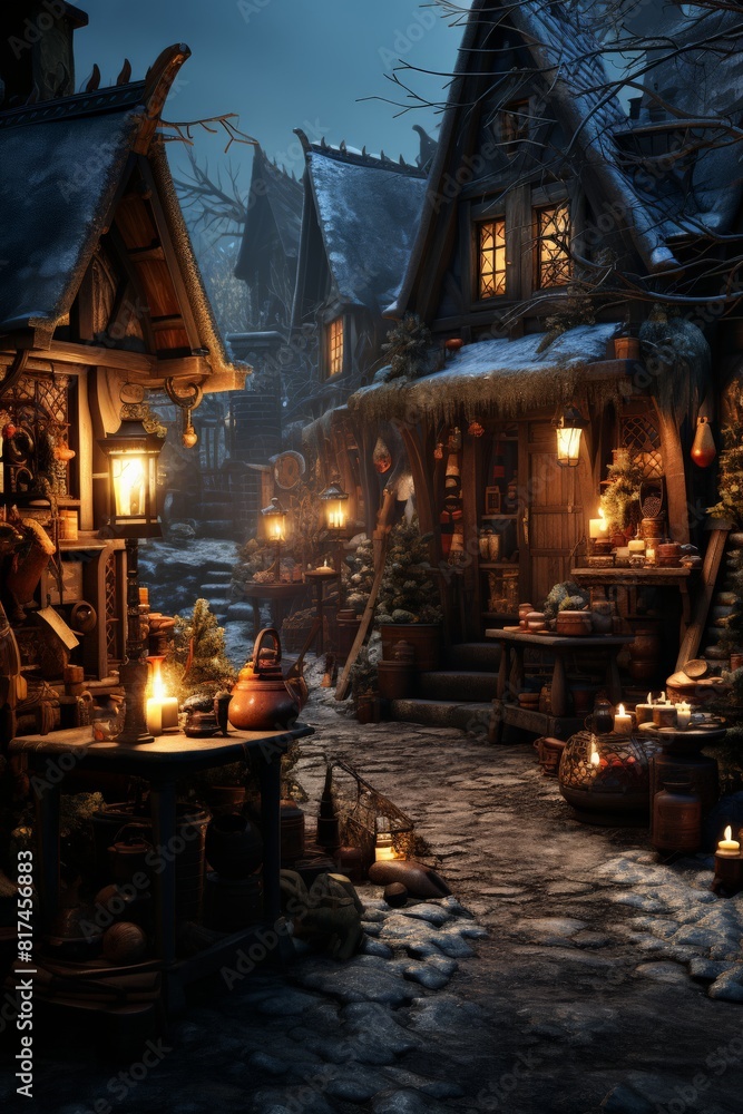 Fototapeta premium Cozy Winter Night in a Festive Village