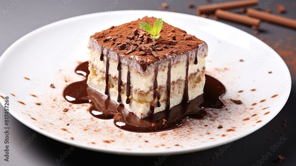 Tiramisu dessert on chocolate bar isolated on white background. Italian sweet dessert concept Tiramisu dessert on chocolate bar isolated on white background. Italian sweet dessert concept