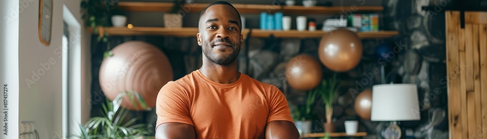 A sports coach offering online training sessions after gym closure, energetic and digital, in a home setting A sports coach offering online training sessions after gym closure, energetic and digital, in a home setting