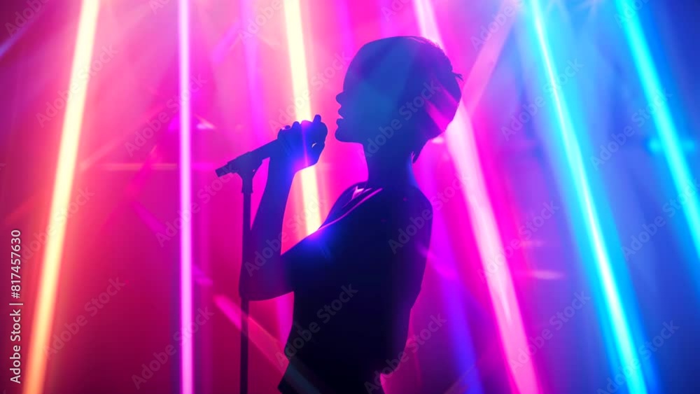 Silhouette of a woman singing with neon lighting in a music studio. looping time-lapse video Silhouette of a woman singing with neon lighting in a music studio. looping time-lapse video