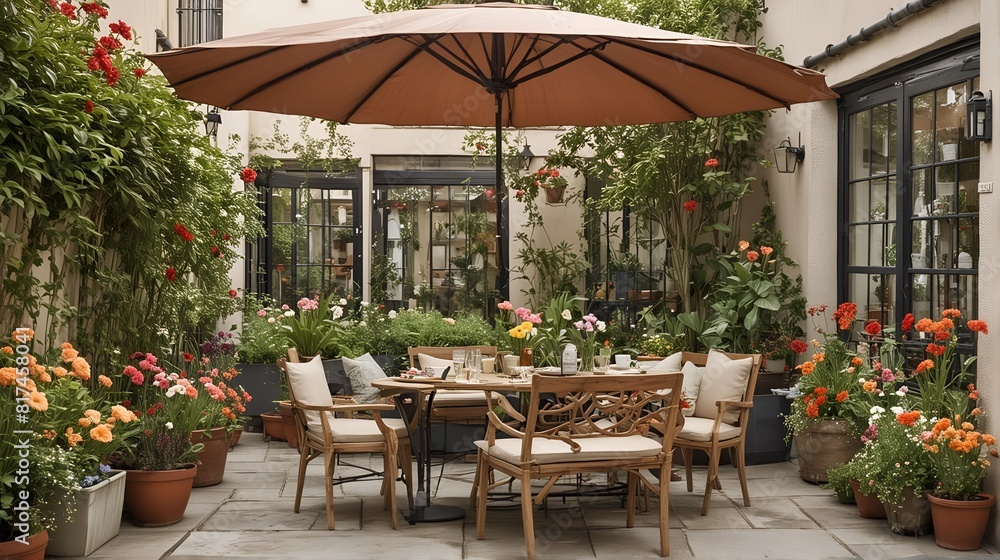 Fototapeta premium Luxury outdoor terrace with a comfortable seating area, a large umbrella, and a collection of plants and flowers. Side view