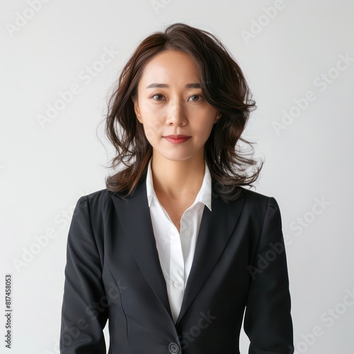 realistic portrait of a business woman dressed in a suit on a white background 